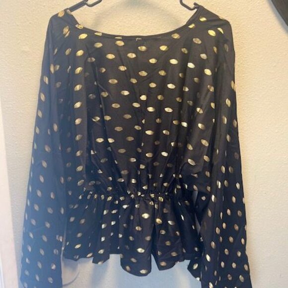 Gold Dot Black Long Sleeve Blouse By C+D+M Collection XL flare sleeve - Picture 4 of 14